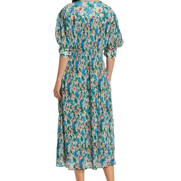 Ganni Floral Tent Dress Blue Green Midi Length Modest Pleated - Picture 3 of 16